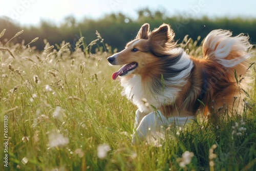 A playful Shetland Sheepdog frolicking in a field of tall grass, its boundless energy and joyful spirit radiating as it enjoys the great outdoors