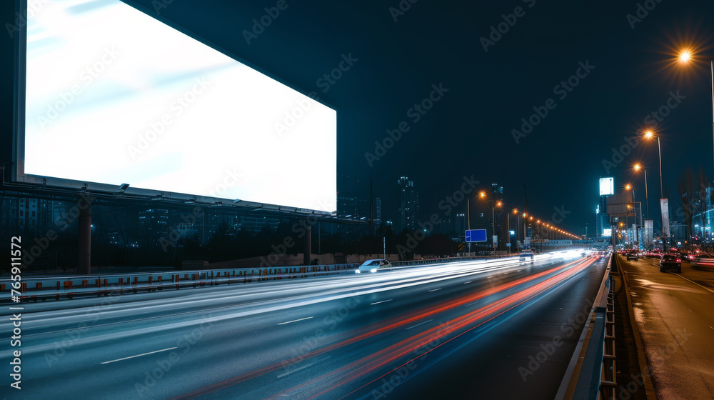 White Blank Illuminated Billboard on Busy Road at Night, Generative AI