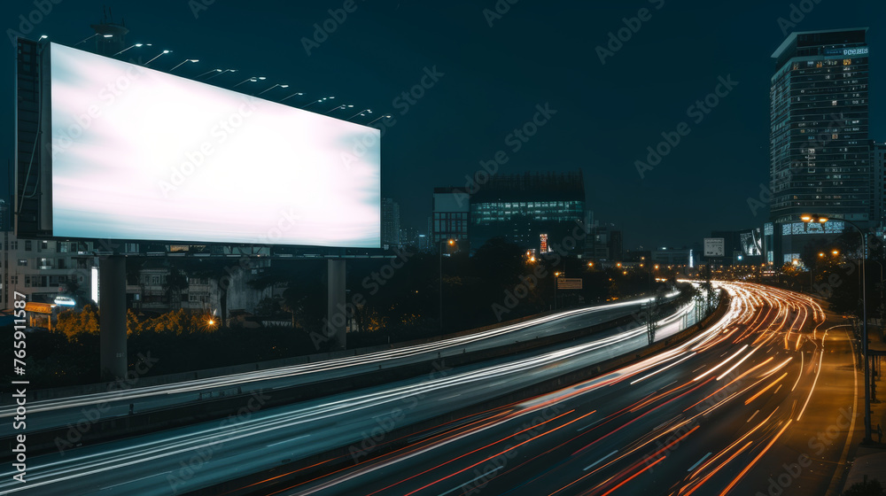 White Blank Illuminated Billboard on Busy Road at Night, Generative AI