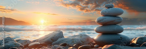 Zen Stones in a Calming Beach Sunset