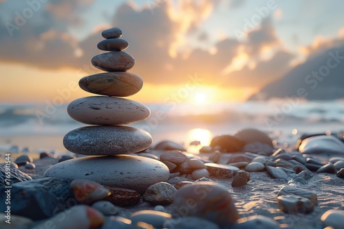 Zen Stones in a Calming Beach Sunset