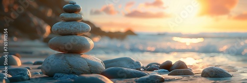Zen Stones in a Calming Beach Sunset