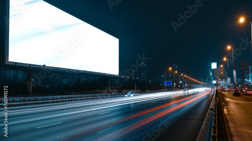Obraz na płótnie White Blank Illuminated Billboard on Busy Road at Night, Generative AI w salonie