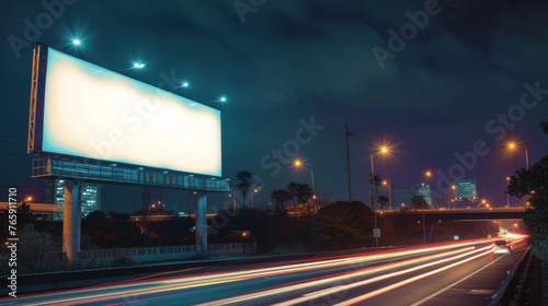 White Blank Illuminated Billboard on Busy Road at Night, Generative AI