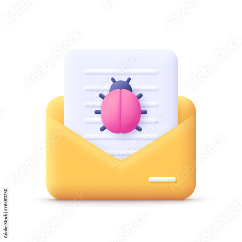 Envelope with mail and virus bug spam alert. Mail infected malware. Email spam, phishing, scam and hacker attack concept. 3d vector icon. Cartoon minimal style.