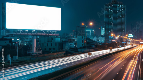 White Blank Illuminated Billboard on Busy Road at Night, Generative AI