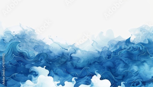 A painting featuring abstract blue and white shapes on a plain white background
