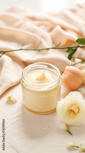 Cream Jar on Bed Beside Flowers