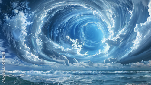 Swirling clouds and ocean forming a vortex in the sky.