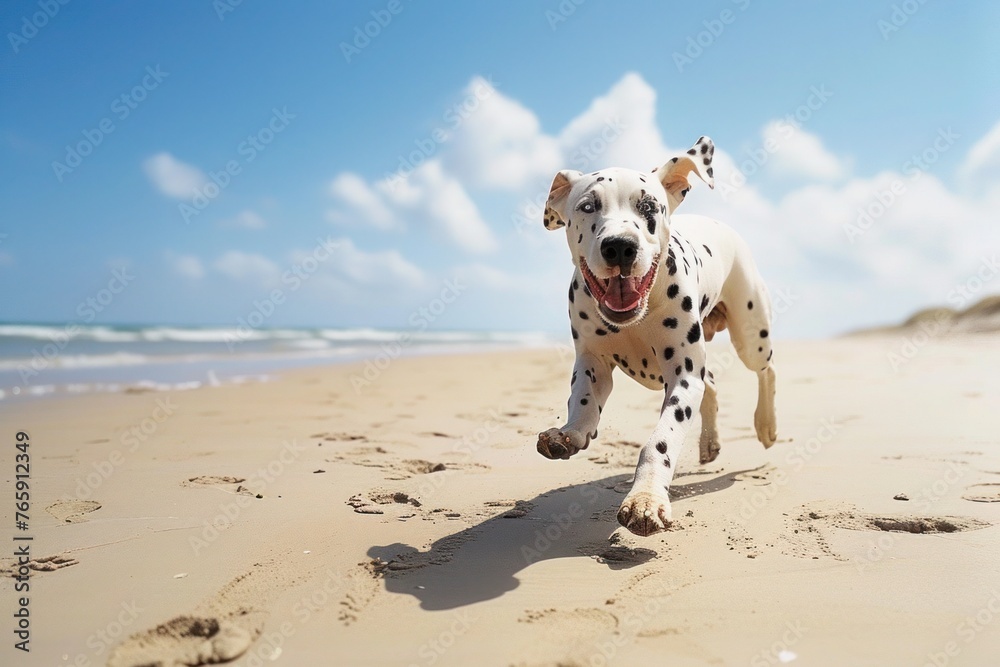 A spirited Dalmatian frolicking on a sun-kissed beach, its white coat dotted with sandy paw prints