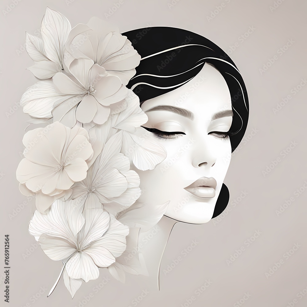 Abstract female face in one line. Woman face with flowers Surreal Line art female floral girl. Minimalism Abstract modern Continuous single line woman face portrait
