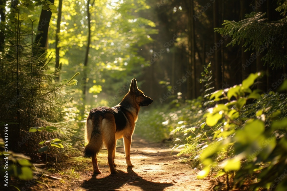 Fototapeta premium A vigilant German Shepherd patrolling a forest trail, with dappled sunlight filtering through the trees