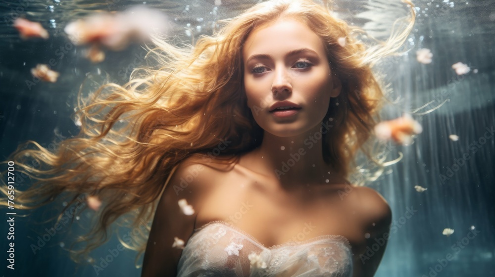 Woman With Long Hair Standing Under Water Woman With Long Hair Standing Under Water