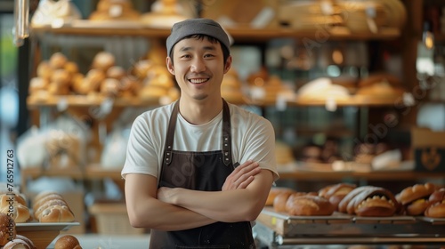 Happy Korean man baker standing proud in her bakery