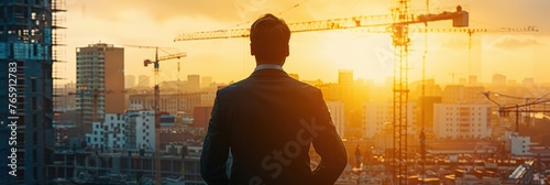 Silhouette of Businessman Overlooking Construction at Dawn