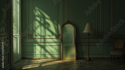 A mirror and a torchere in green interior of an almost empty room of a mansion