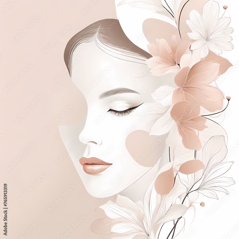 Abstract female face in one line. Woman face with flowers Surreal Line art female floral girl. Minimalism Abstract modern Continuous single line woman face portrait
