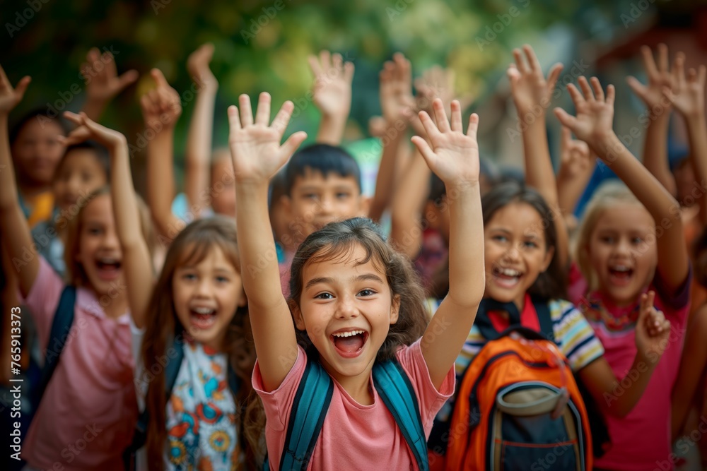 Excited schoolgirl with arms raised among friends Excited schoolgirl with arms raised among friends