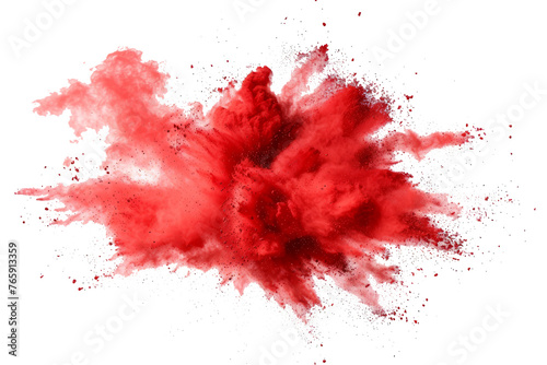 A succinct depiction of a red paint color powder festival explosion, isolated against a transparent background. 