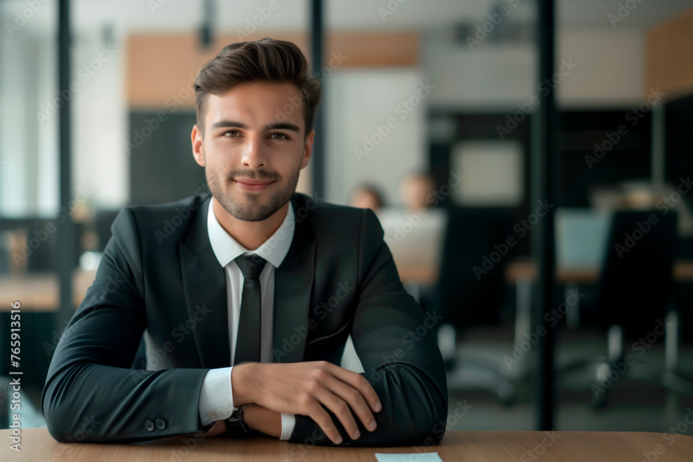 Fototapeta premium Portrait of serious, confident young man, businessman,executive director,boss, sitting at an office desk in business dark suit and looking at camera with his hands folded,concept of business materials