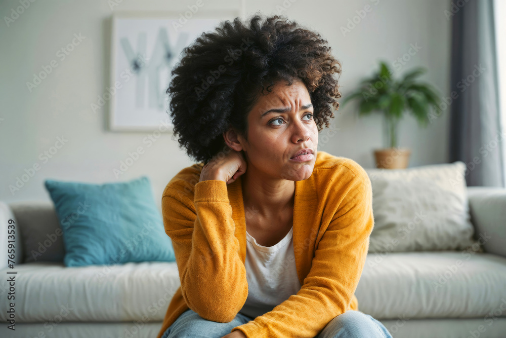 Afro woman in a yellow sweater sits on a couch with her arms crossed. Woman depression or domestic violence. People, grief and domestic violence concept - obrazy, fototapety, plakaty 