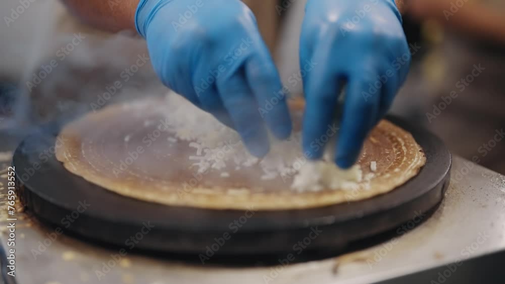 Making of crepes pancakes in open market festival fair, slow motion Making of crepes pancakes in open market festival fair, slow motion