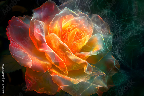 modern background, shining rose flower with transparent petals, with unearthly radiance, neon colors,close-up, graphic concept,web design,flower shops,flower exhibitions