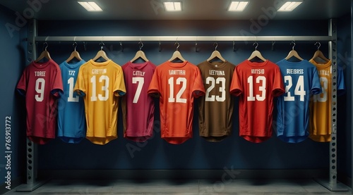 hanging shirts of player with numbers on it in room 