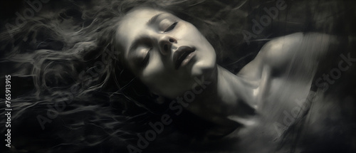 Charcoal and pencil illustration of a young woman in a deep sleep. Long flowing hair and serene expression.