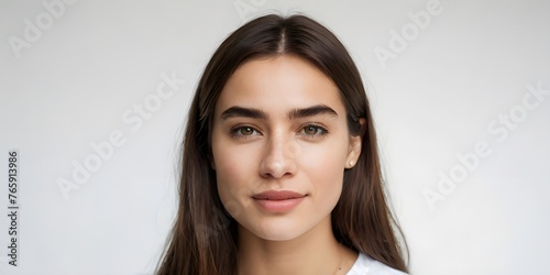 Close up portrait of beautiful young woman with clean fresh skin, natural make-up and long brown hair.