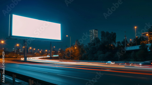 Obraz na płótnie White Blank Illuminated Billboard on Busy Road at Night, Generative AI w salonie