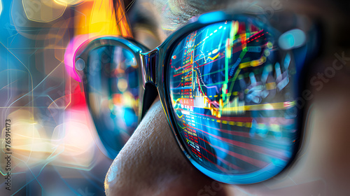 Cryptocurrency trading, stock market trading graphs reflected in a person's glasses design concept, copy space  photo