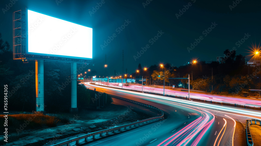 White Blank Illuminated Billboard on Busy Road at Night, Generative AI