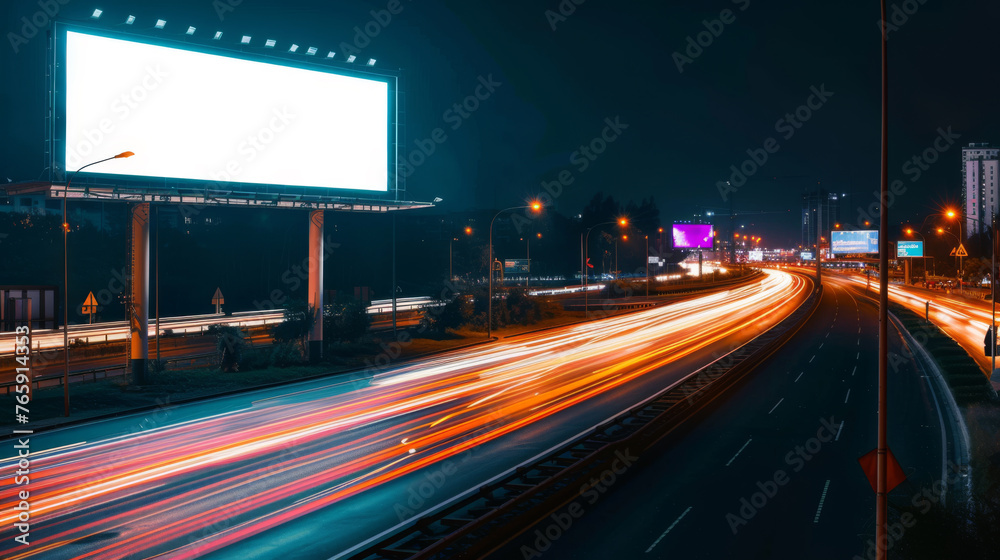 White Blank Illuminated Billboard on Busy Road at Night, Generative AI