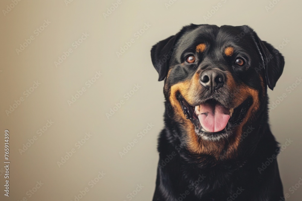 A Rottweiler with an endearing smile, positioned centrally against a neutral backdrop, allowing for text placement on the right side. A Rottweiler with an endearing smile, positioned centrally against a neutral backdrop, allowing for text placement on the right side.