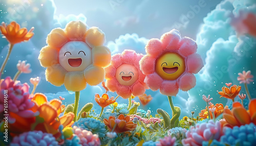 Cheerful plush toy flowers in vibrant, dreamy 3D scenery,generative ai
