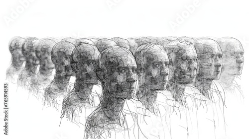 The black and white drawing shows a crowd of people and we see many of their faces. The concept of public events, gatherings of civilians. All people are gray and stand densely in the space.
