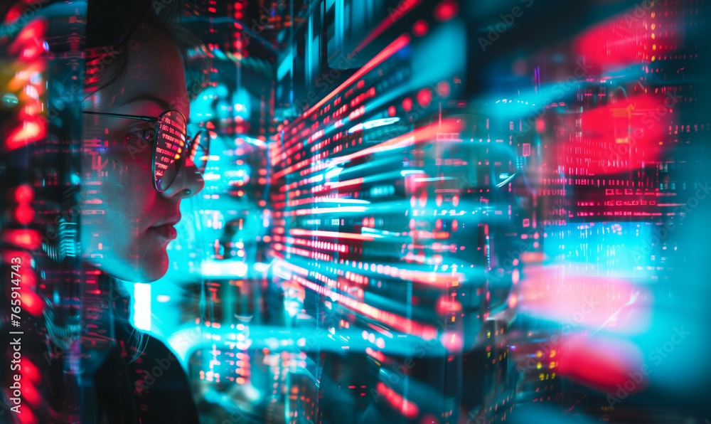 Cyberpunk style image girl looking at data stream reflected in her glasses - Generative AI Cyberpunk style image girl looking at data stream reflected in her glasses - Generative AI