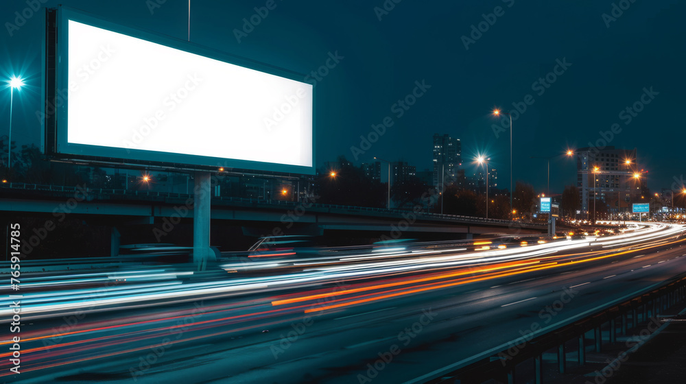 White Blank Illuminated Billboard on Busy Road at Night, Generative AI