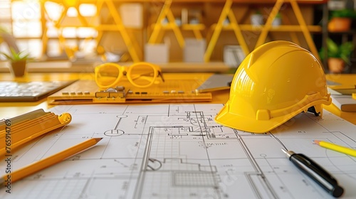 Construction Blueprint and Safety Equipment on Workspace