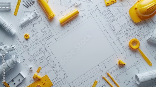 Architectural Blueprints and Yellow Safety Helmet on Designer's Workspace