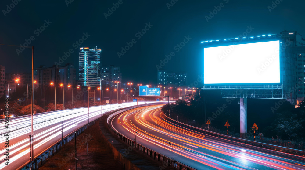 White Blank Illuminated Billboard on Busy Road at Night, Generative AI