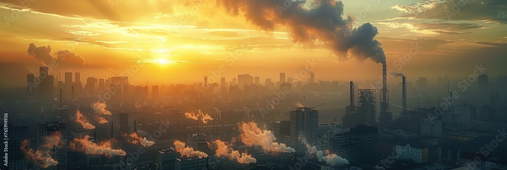 Sunrise Over Industrial Cityscape with Smokestack Pollution