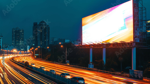 Obraz na płótnie White Blank Illuminated Billboard on Busy Road at Night, Generative AI w salonie