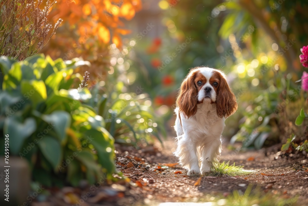 A serene scene featuring a Cavalier King Charles Spaniel enjoying a leisurely stroll through a sunlit garden, its elegant coat shimmering in the dappled light,