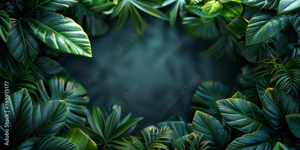 Tropical green leaves and palms with modern glass frame. Cosmetics and moisture beauty natural product present placement pedestal promotion display, jungle or summer concept. - obrazy, fototapety, plakaty 
