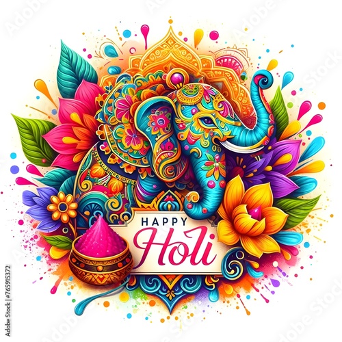 Happy Holi greeting card with colorful indian floral background. Vector illustration