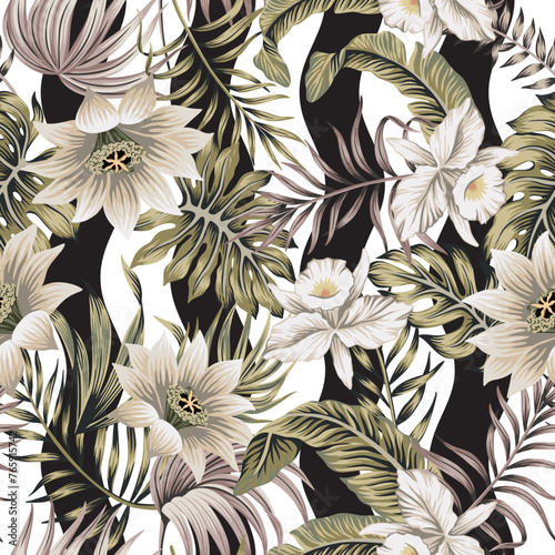 Tropical vintage white lotus, orchid flower, palm leaves floral seamless pattern wave background. Exotic jungle wallpaper.