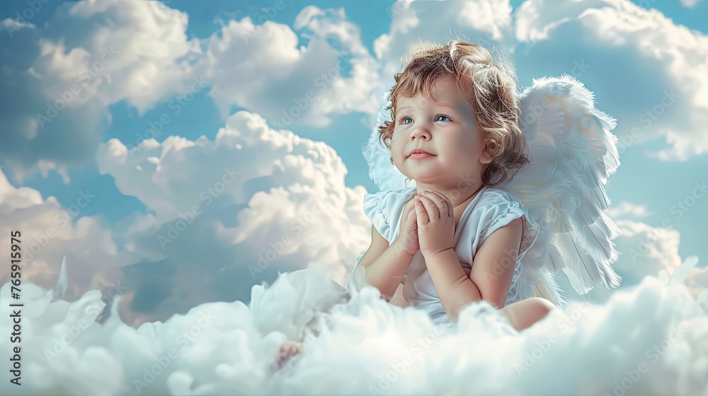 A little bright angel on white fluffy clouds