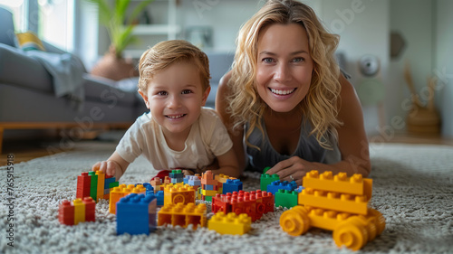 mother and son are playing with LEGO building blocks on the carpet at home.generative ai